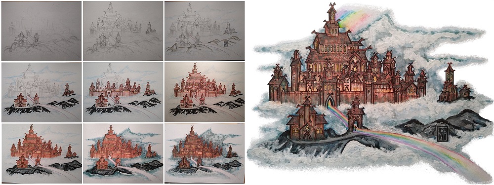 Asgard Heimstatt der G&ouml;tter mit Walhalla und Bifr&ouml;st &ndash; vom Entwurf bis zum fertigen Bild