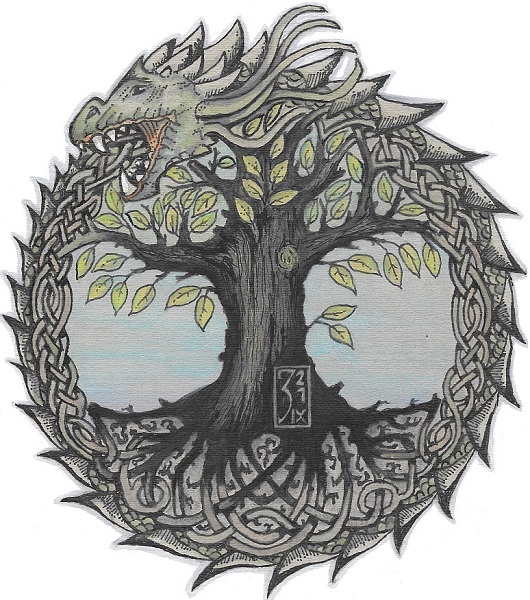 Die Midgardschlange schl&auml;ngelt sich um die Weltenesche