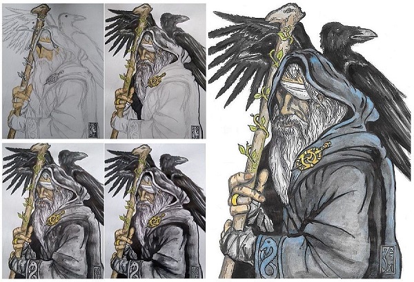 Odin der G&ouml;ttervater mit seinen beiden Raben Hugin und Munin