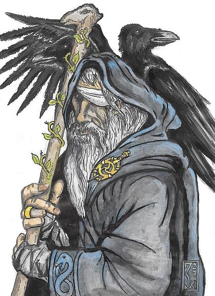 Odin der G&ouml;ttervater mit seinen beiden Raben Hugin und Munin